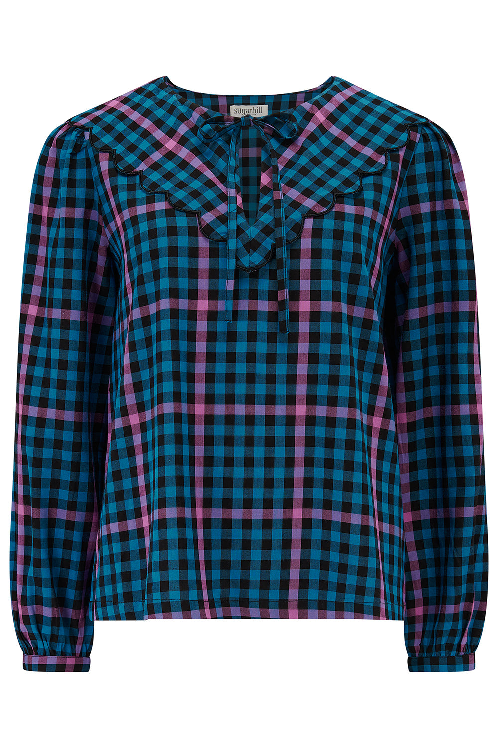Nessie Scallop Collar Blouse - Black/Teal, Twilight Gingham