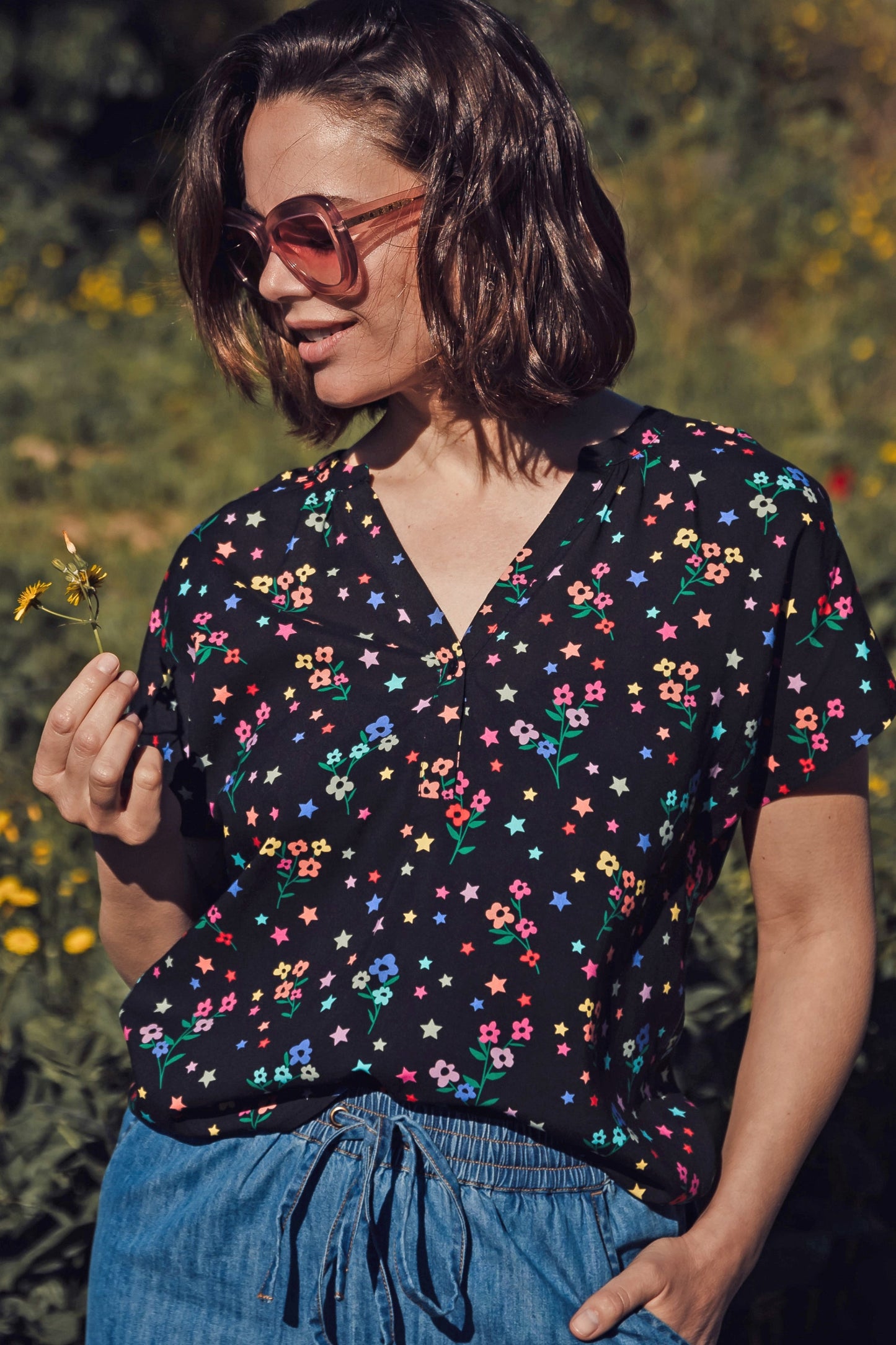 Marielle Blouse - Black, Rainbow Sprigs