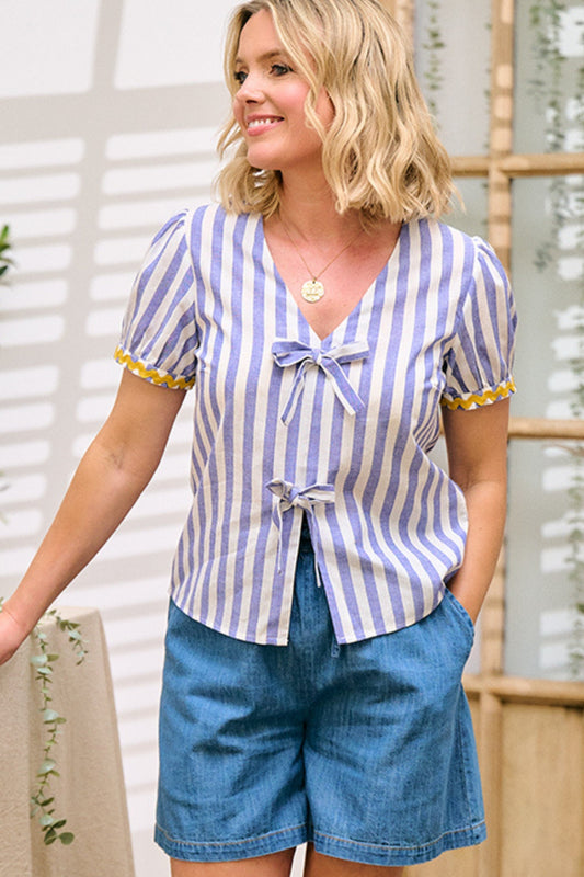 Adaline Bow Top - Off-White/Blue, Bakers Stripe