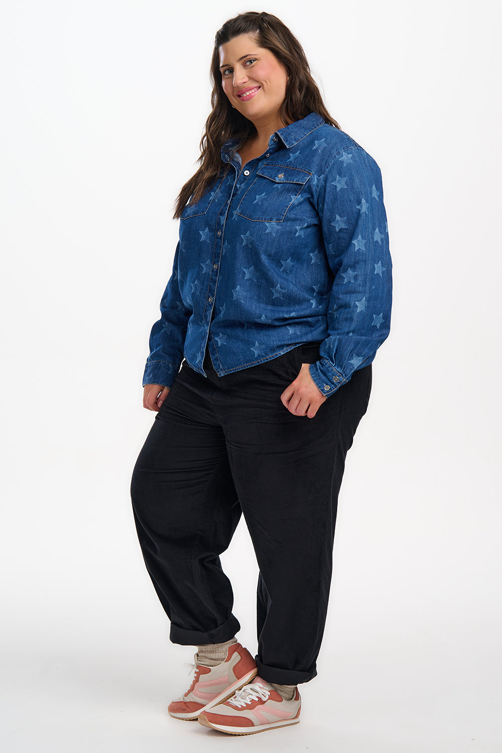 Alexia Shirt - Mid Blue Denim, Bleached Stars