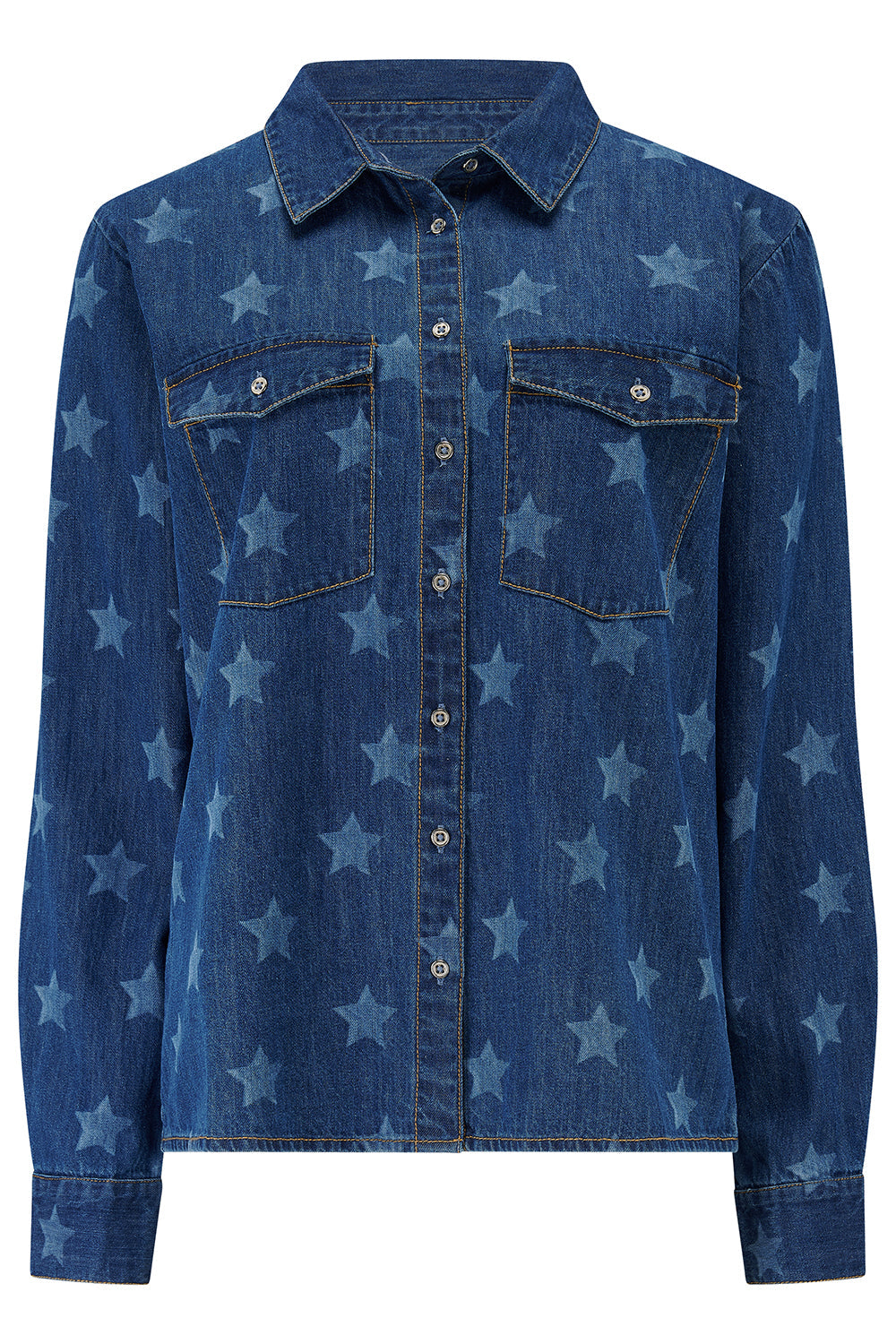 Alexia Shirt - Mid Blue Denim, Bleached Stars