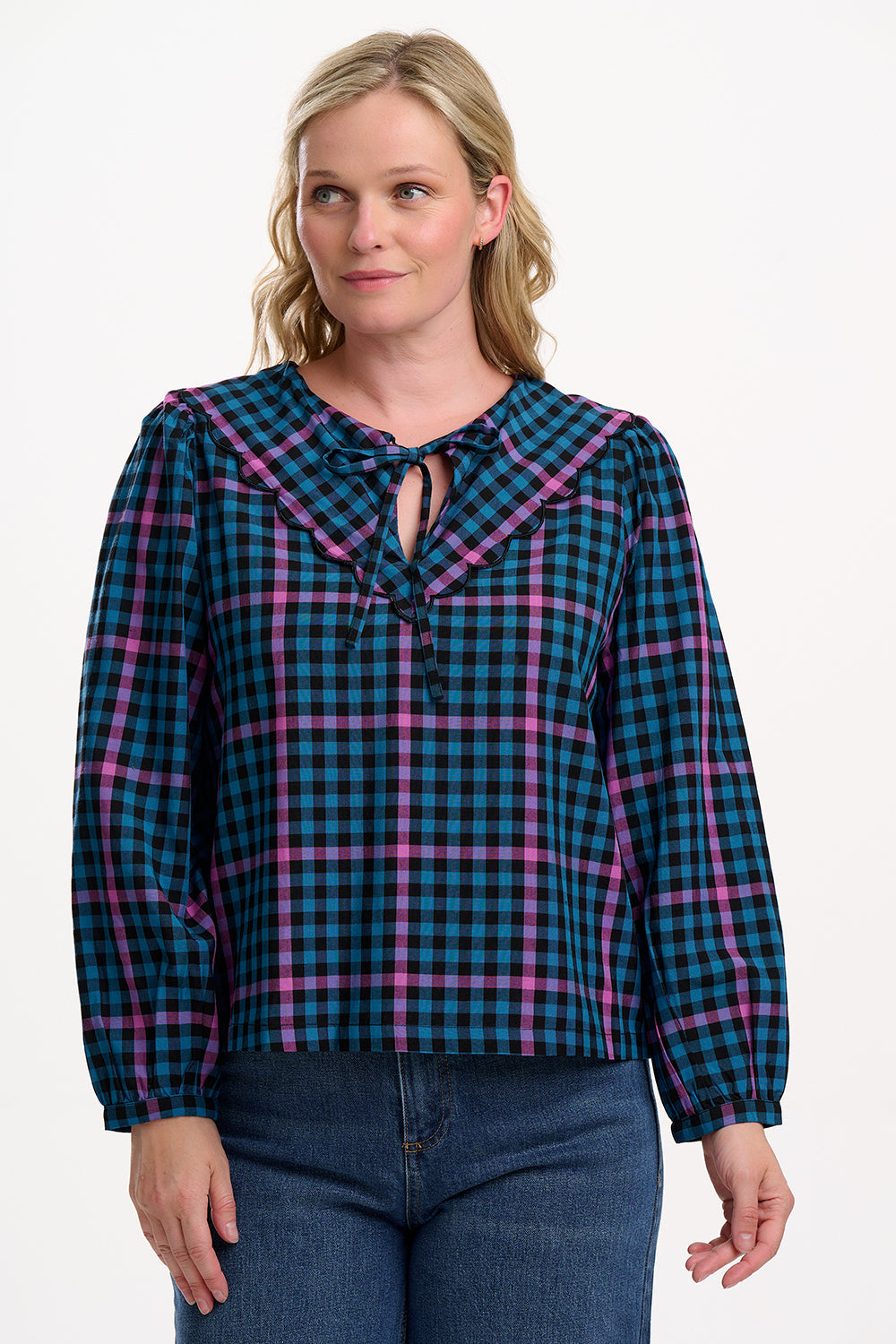 Nessie Scallop Collar Blouse - Black/Teal, Twilight Gingham