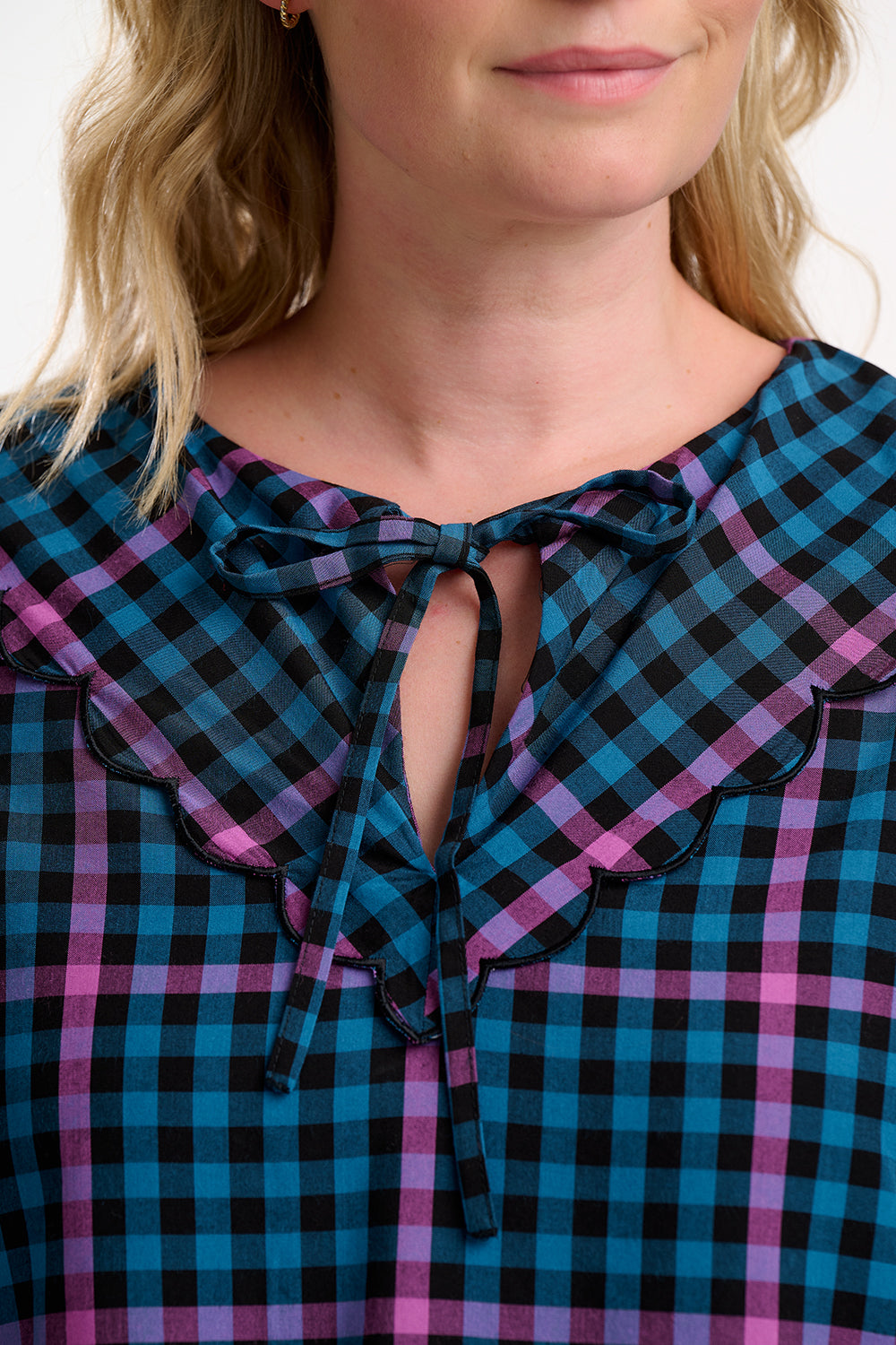 Nessie Scallop Collar Blouse - Black/Teal, Twilight Gingham