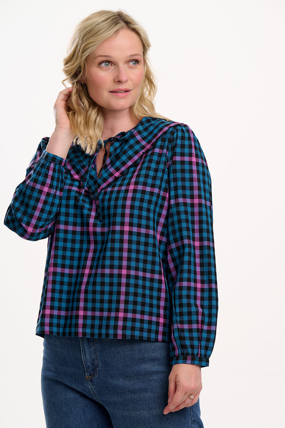 Nessie Scallop Collar Blouse - Black/Teal, Twilight Gingham