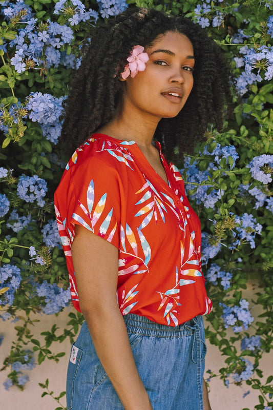 Marielle Blouse - Red, Rainbow Fronds
