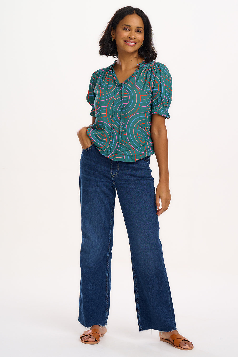 Virginia Shirred Top - Green, Concentric Circles