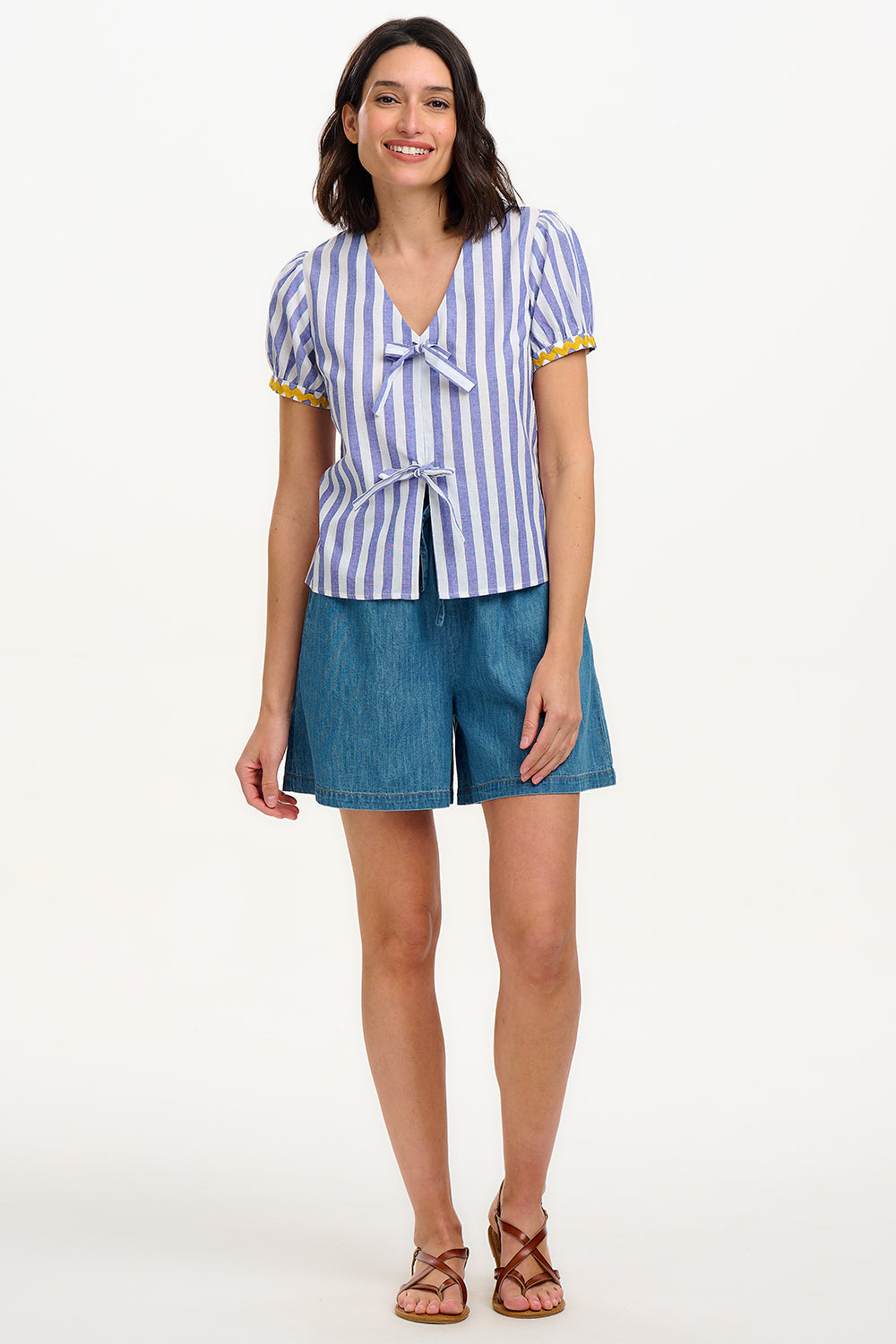 Adaline Bow Top - Off-White/Blue, Bakers Stripe