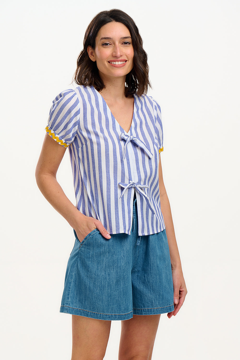 Adaline Bow Top - Off-White/Blue, Bakers Stripe