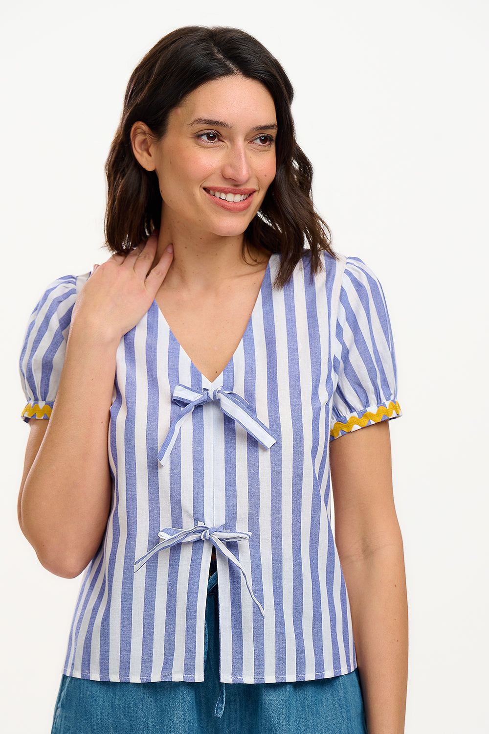 Adaline Bow Top - Off-White/Blue, Bakers Stripe