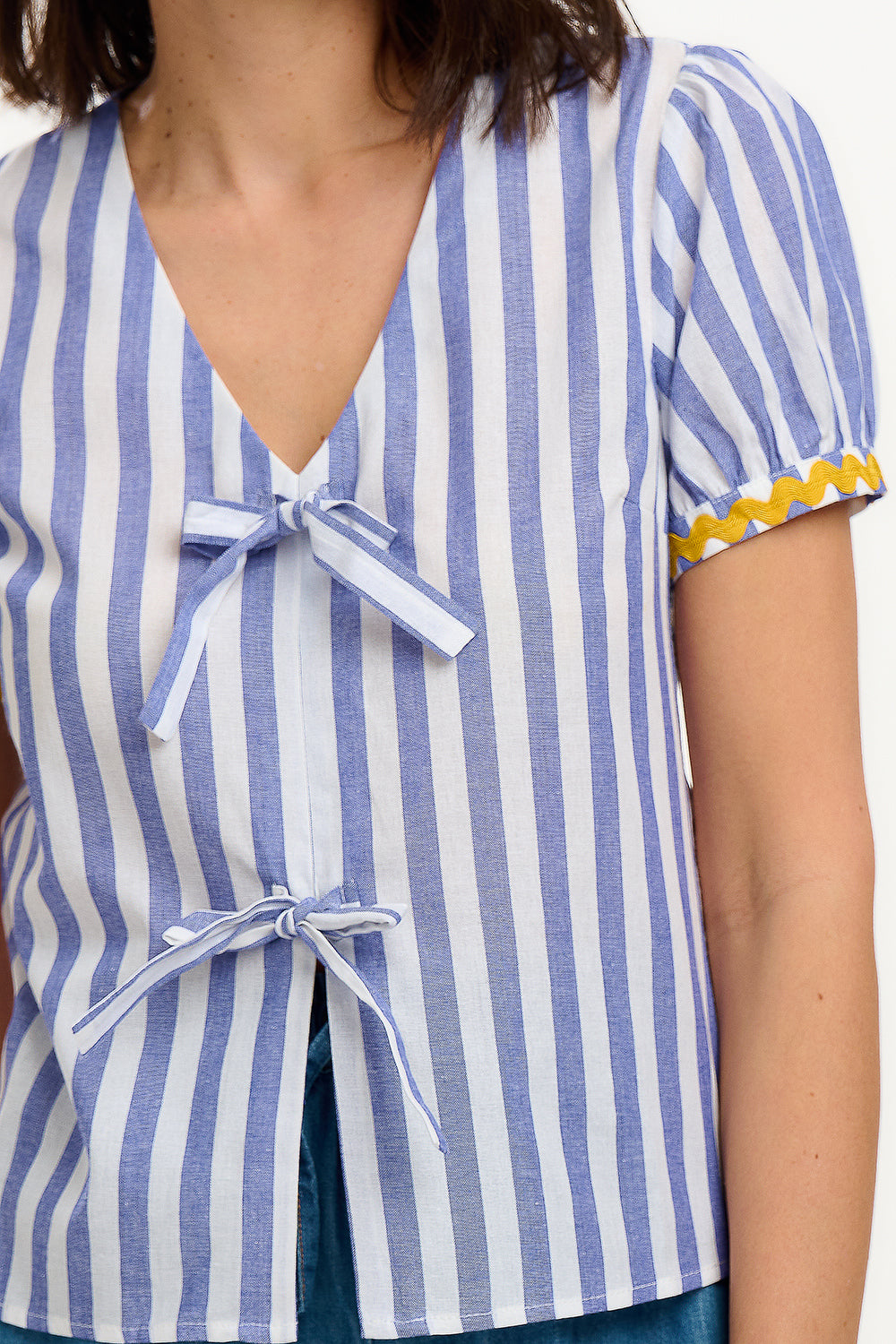 Adaline Bow Top - Off-White/Blue, Bakers Stripe